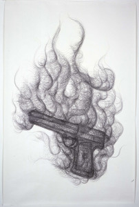 Paolo Canevari, Burning Gun, 2007, cm 270 x 175, grafite su carta fatta a mano